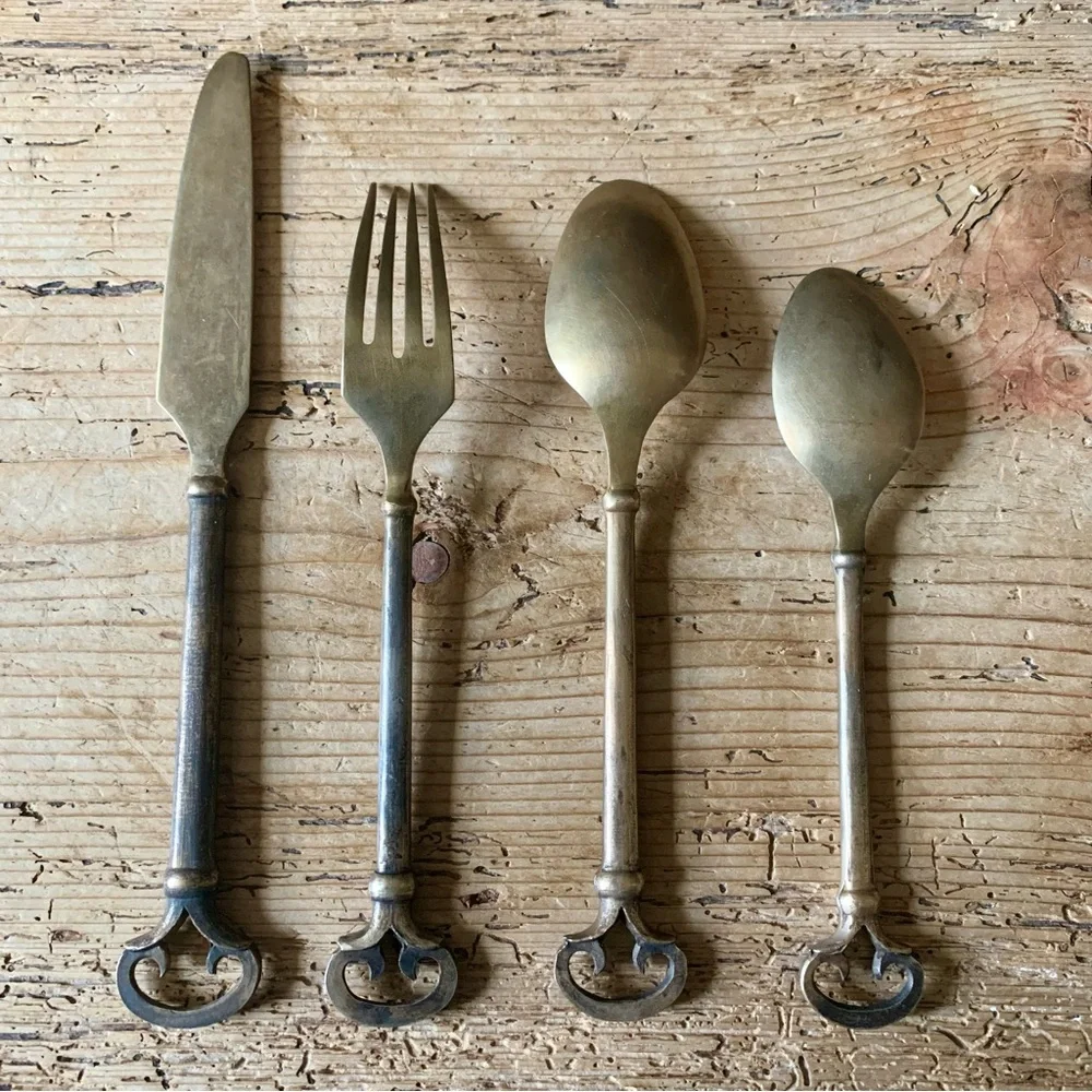 Vintage Pottery Barn Bronze Keys Flatware 4 Four Piece Set Lot Knife Fork Spoons